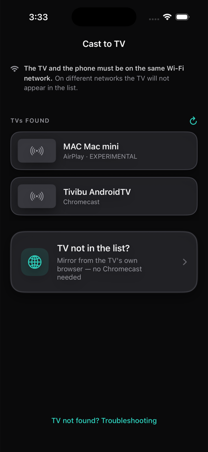 The TV list, with a row that reads: TV not in the list? Mirror from the TV's own browser